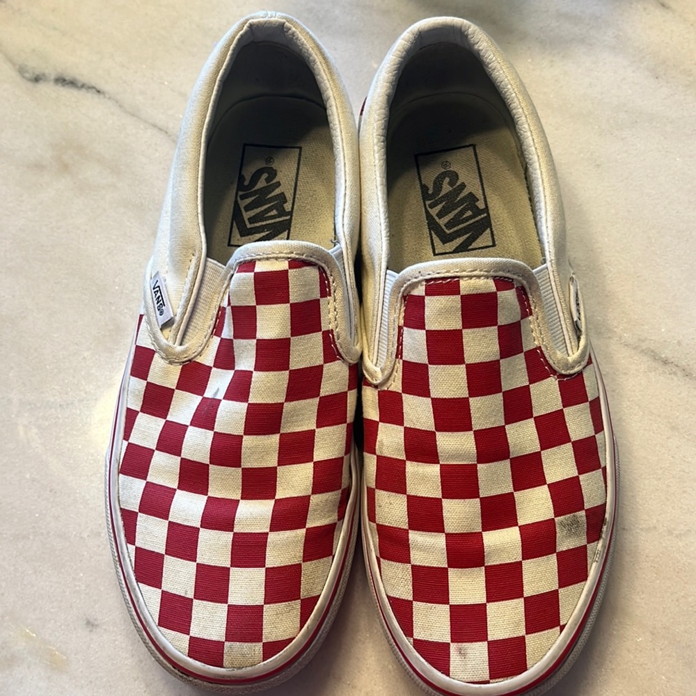 Unisex Red and Off White Checkered Slip on Vans
